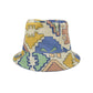 Reversible upcycling bucket hat for kids blue yellow brown green beige pattern