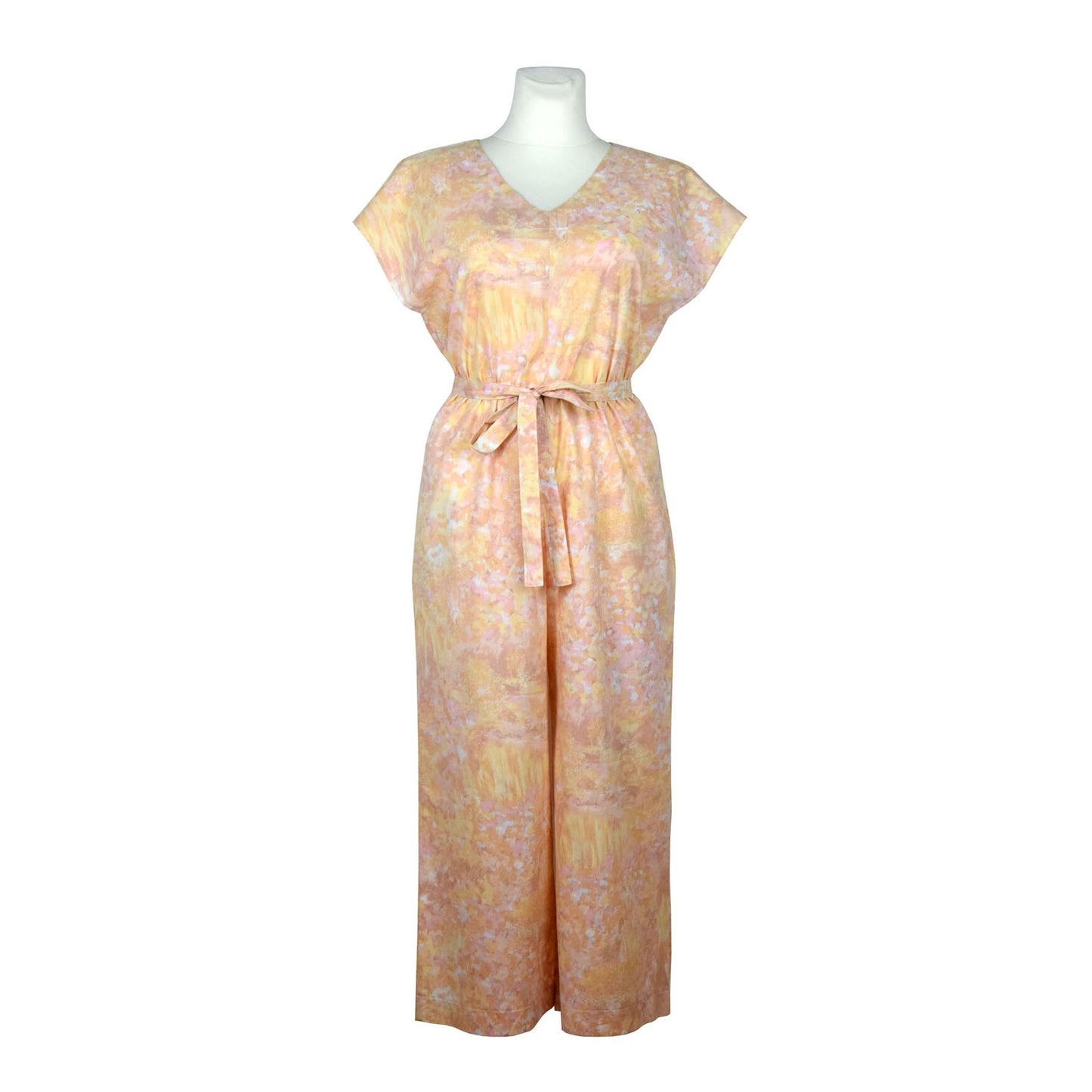Upcycling summer overall for women with short sleeves. Upcycled cotton fabric with abstract pastel rose and yellow pattern. V neck, loose fit with belt, pants length above the ankle